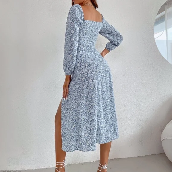 Boho Blue Floral Print Sweetheart Neck Slit Midi Dress - Picture 3 of 4